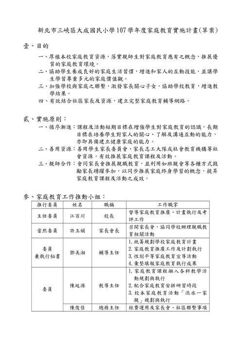 新北市三峽區大成國民小學107學年度家庭教育實施計畫1